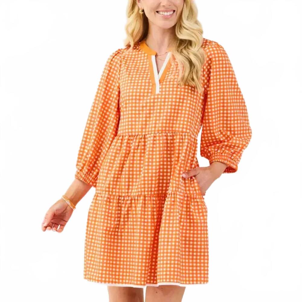 NEW MARY SQUARE cooper dress in gingham-orange/white